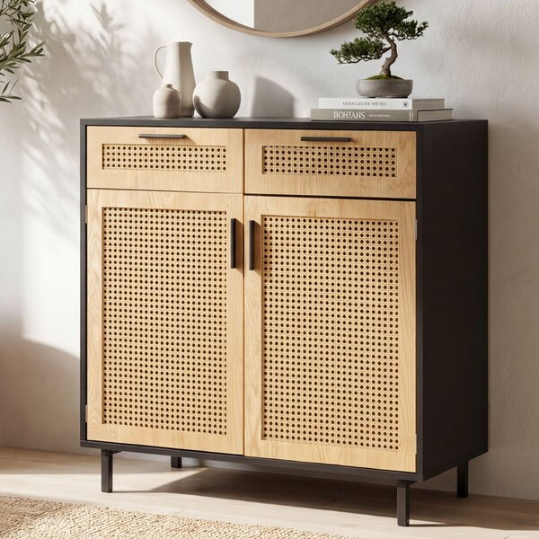 FineBuy Píborník 80x86,5x40 cm Komoda erná s vídeskou vazbou Vysoká komoda Nadasová skíka do obývacího pokoje se 2 dvíky a zásuvkami