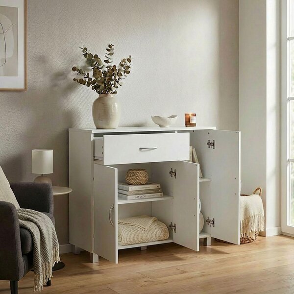 FineBuy Bílá komoda SETE 90 x 75 x 30 cm Skíka s 1 zásuvkou a 3 dvíky Moderní komoda do lonice, jídelny, úzká skíka na boty