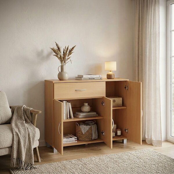 Komoda FineBuy JERRY z bukového deva s 1 zásuvkou a 3 dvíky, 90 x 75 x 30 cm | Designová komoda z MDF | Komoda do pedsín s úchytkami