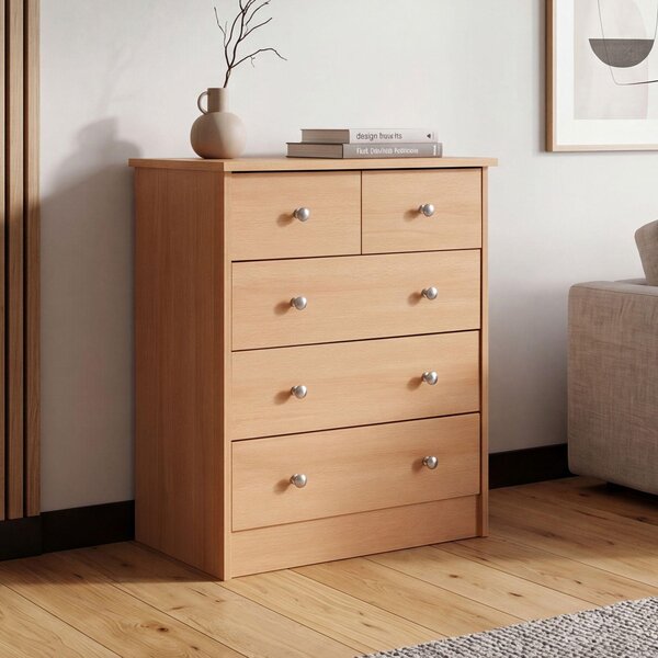 FineBuy Design Devná komoda z bukového deva 60 x 70 x 35 cm s 5 zásuvkami Univerzální nízká skíka do pedsín Moderní píborník Nadasová skíka