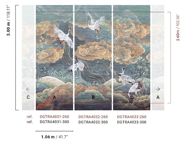 Vliesová obrazová tapeta na zeď, zelená, bílá, letící jeřábi, DGTRA4032-260, Traces, Masureel