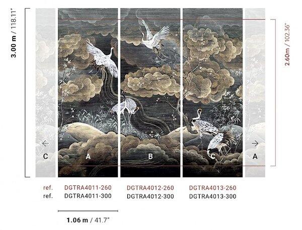 Vliesová obrazová tapeta na zeď, černá, šedá, letící jeřábi, DGTRA4012-260, Traces, Masureel
