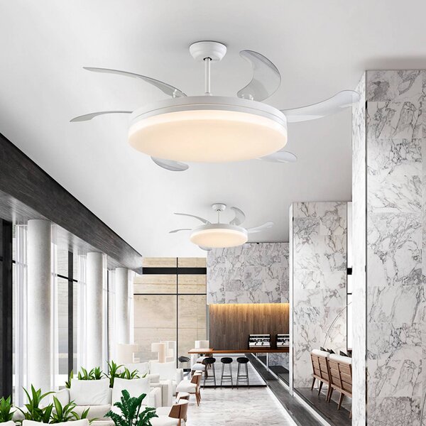 Schuller Valencia LED stropní ventilátor Vento bílý/čirý, DC Ø 150 cm tichý, stmívatelný, Čirá / transparetní, Obývací pokoj / jídelna, kov, Moderní