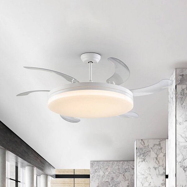 Schuller Valencia LED stropní ventilátor Vento bílý/čirý, DC Ø 150 cm tichý, stmívatelný, Čirá / transparetní, Obývací pokoj / jídelna, kov, Moderní