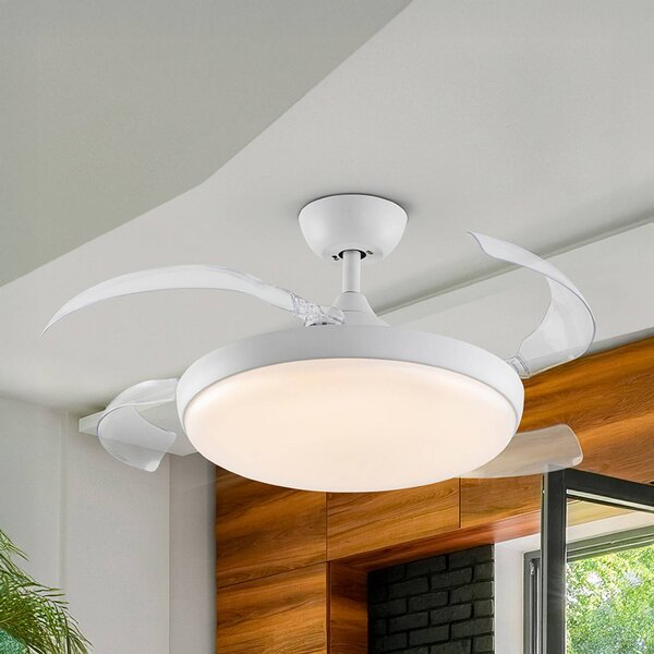 Schuller Valencia LED stropní ventilátor Venturi bílý/čirý DC, Ø 106 cm tichý, stmívatelný, Čirá / transparetní, Obývací pokoj / jídelna, kov, Moderní