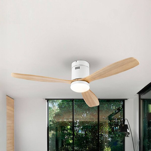 Schuller Valencia LED stropní ventilátor Siroco, bílý/světlé dřevo Ø 132 cm, tichý, stmívatelný, Světlé dřevo, Obývací pokoj / jídelna, kov, Moderní