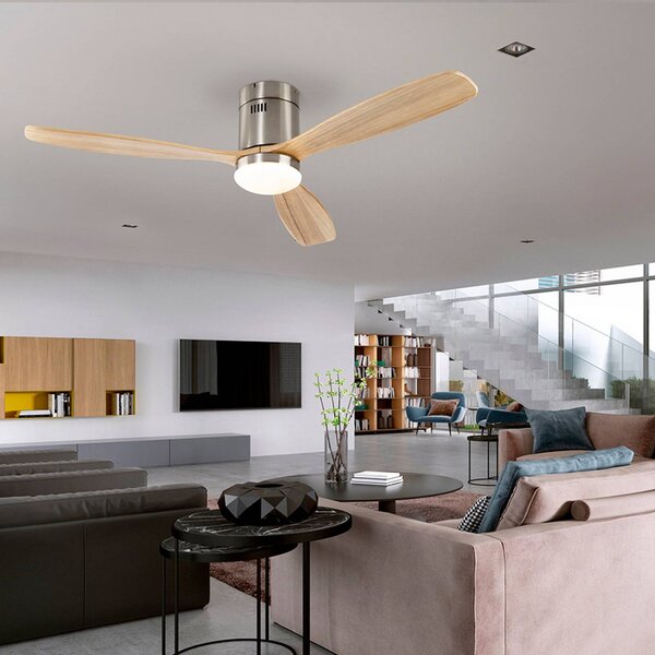 Schuller Valencia LED stropní ventilátor Siroco, nikl/světlé dřevo Ø 132 cm tichý, stmívatelný, Světlé dřevo, Obývací pokoj / jídelna, kov, Moderní
