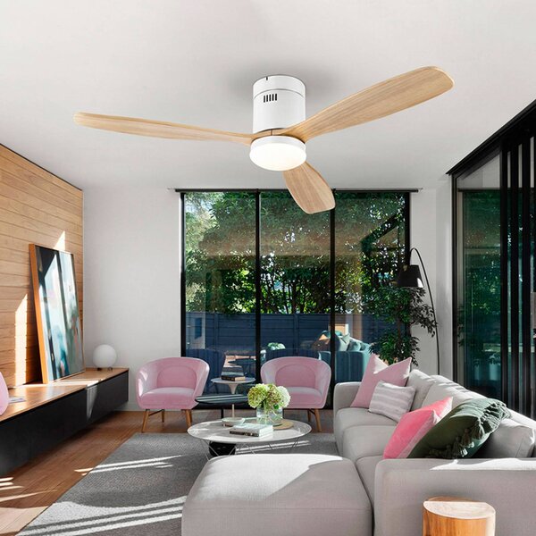 Schuller Valencia LED stropní ventilátor Siroco, bílý/světlé dřevo Ø 132 cm, tichý, stmívatelný, Světlé dřevo, Obývací pokoj / jídelna, kov, Moderní