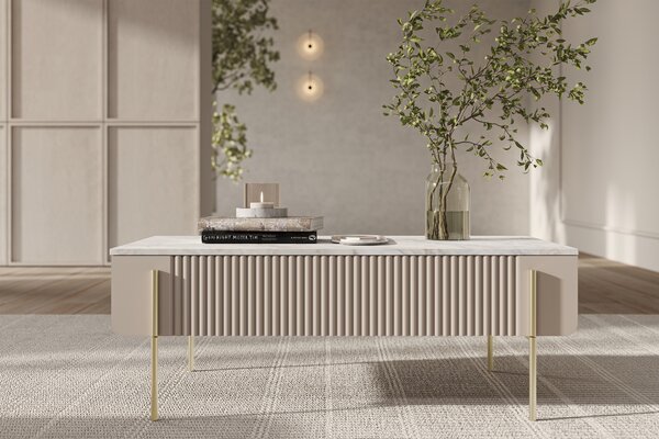 Moderní konferenční stolek Malmi 100 cm se zásuvkami - kašmír / crema bianca / zlaté nohy