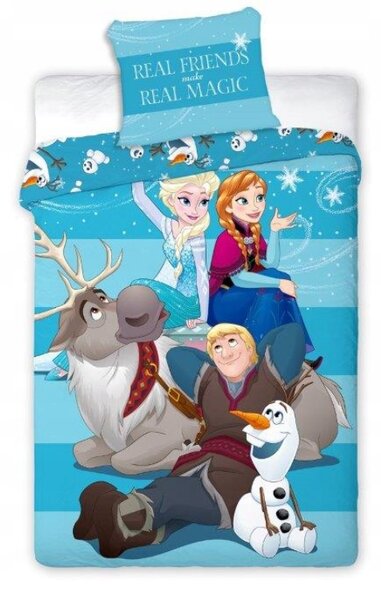 Textylia Dětské bavlněné licenční povlečení Frozen Anna, Elza, Olaf, Sven, Krištof 140x200cm / 70x90cm modré