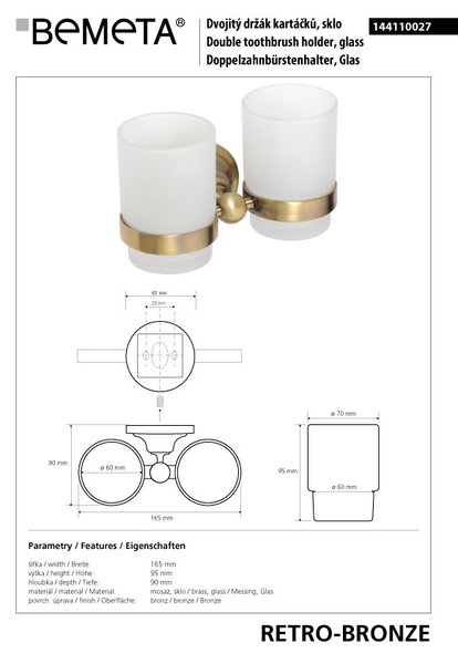 Bemeta Design RETRO bronz: Držák kartáčků, dvojitý, sklo - 144110027