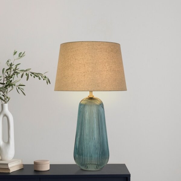 Searchlight EU44652AZ Velká stolní lampa CAMEO modré sklo & stínidlo NATURAL