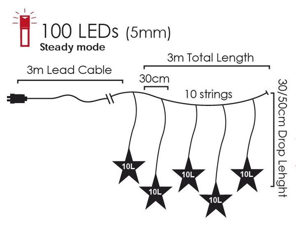 ACA Lighting LED vánoční závěs Hvězdičky, 3x3m, teplá bílá, IP44, 100 LED