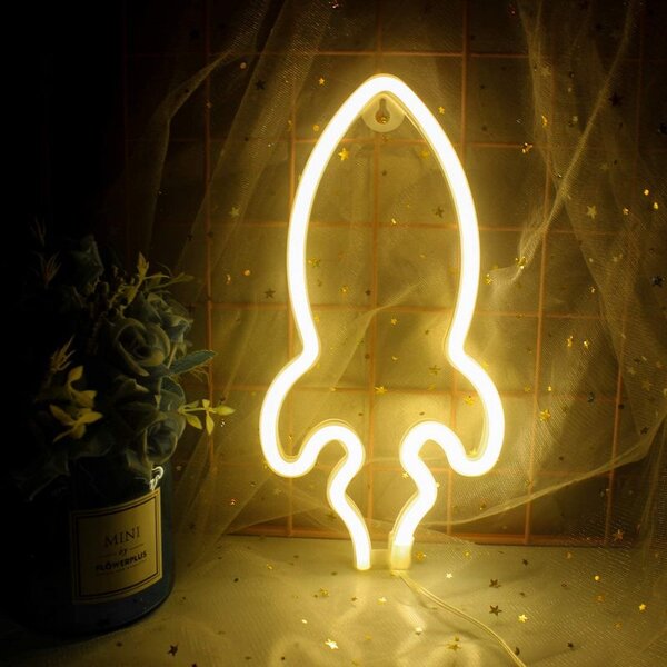 ACA Lighting Neonová lampička - Raketa, 3x AA baterie/USB kabel, IP20, žlutá barva