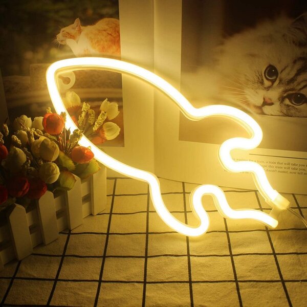 ACA Lighting Neonová lampička - Raketa, 3x AA baterie/USB kabel, IP20, žlutá barva