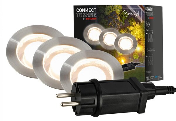 BRILONER CONNECT TO SHINE startovací sada 12V zahradní osvětlení - trafo, 3x LED svítidlo do země, IP67, stříbrná 3916032