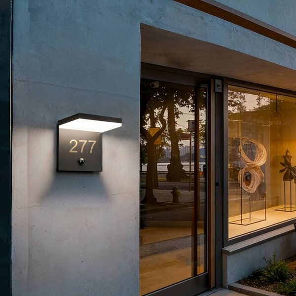 CMD LED nástěnné světlo 9055 s číslem domu, antracitová, senzor IP65, stmívatelný, Černá, Hliník, Moderní