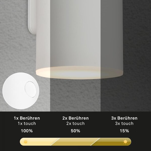 BRILONER Lima LED venkovní nástěnné svítidlo, nabíjecí, 3 krokový dotykový stmívač, časovač, bílé 3786016