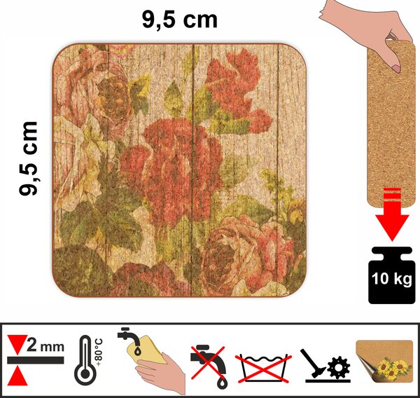 PokojovaDekorace.cz, Korkové podtácky s potiskem - 549, 9,5x9,5cm, sada 6 ks