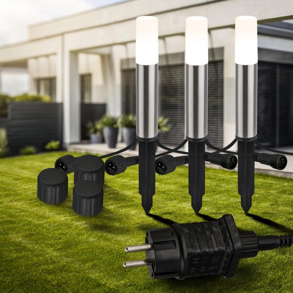 BRILONER Startovací sada Junca – CONNECT TO SHINE, 3ks svítidel pro osvětlení cesty, IP44, design nerez ocel 3925032