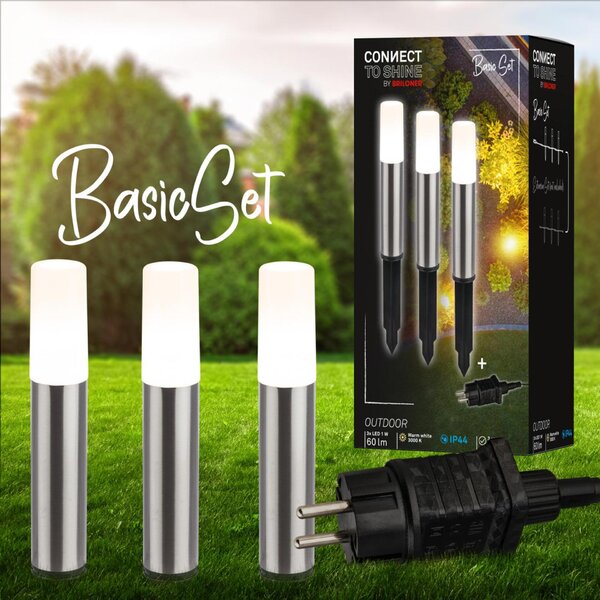 BRILONER Startovací sada Junca – CONNECT TO SHINE, 3ks svítidel pro osvětlení cesty, IP44, design nerez ocel 3925032