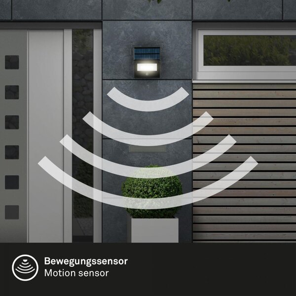 BRILONER Solární LED venkovní nástěnné svítidlo vč. IR senzoru, černé, 5W, 400 lm, sklo/plast 3856015