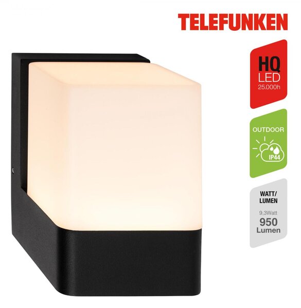 BRILONER TELEFUNKEN LED venkovní nástěnné svítidlo, ochrana proti stříkající vodě, kostka, teplá bílá, černá 322105TF