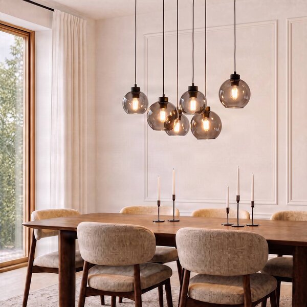 TK Lighting Závěsné svítidlo Cubus, kouřově šedá, sklo, délka 74 cm, 6 světelných zdrojů, stmívatelný, Černá, Obývací pokoj / jídelna, Sklo, Moderní