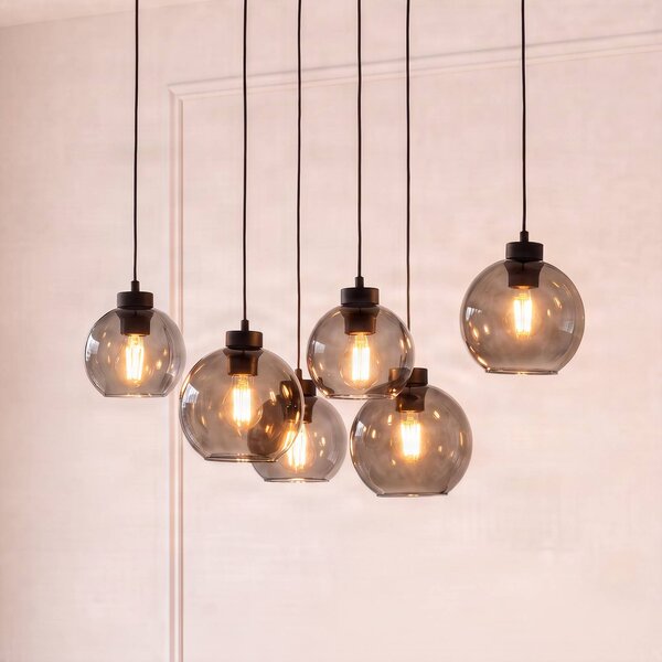 TK Lighting Závěsné svítidlo Cubus, kouřově šedá, sklo, délka 74 cm, 6 světelných zdrojů, stmívatelný, Černá, Obývací pokoj / jídelna, Sklo, Moderní