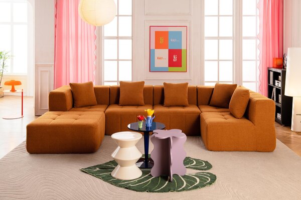 MILYSOFA SOFABULOUS – 5místná modulární rohová pohovka s lehátkem, jemná smyčková látka, skořicově hnědá