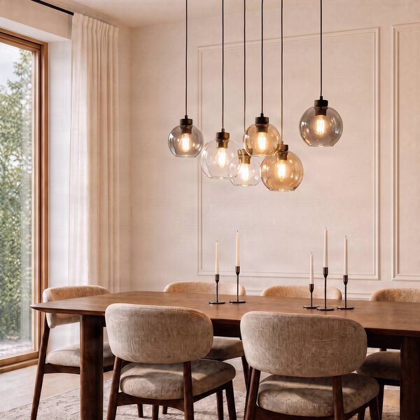 TK Lighting Závěsné svítidlo Cubus, 74 cm, 6 světel, čirá/medová/hnědá, sklo, stmívatelný, Čirá / transparetní, Obývací pokoj / jídelna, Sklo, Moderní
