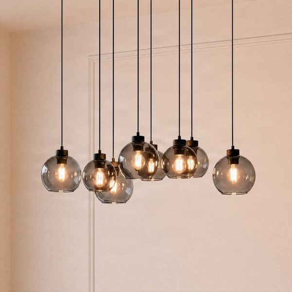 TK Lighting Závěsné světlo Cubus, délka 95 cm, 8 žárovek, kouřově šedé, sklo, stmívatelný, Černá, Obývací pokoj / jídelna, Sklo, Moderní