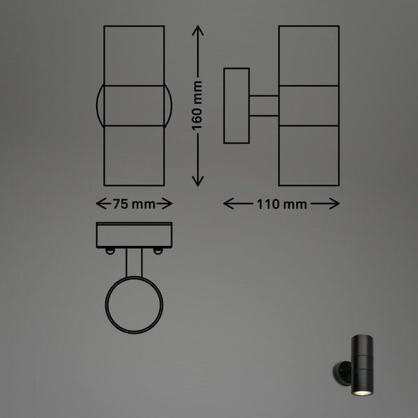 BRILONER Venkovní nástěnné svítidlo, IP54 voděodolné a prachotěsné, Up/Down, 16cm výška, černá 3792025