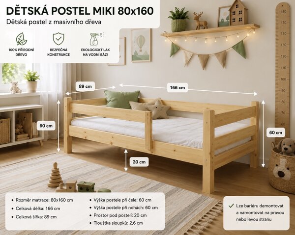JAKS Dětská postel Miki 80 × 160 cm z masivní borovice