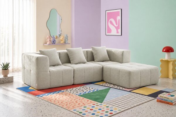 MILYSOFA SOFABULOUS – třímístná rohová sedací souprava s lehátkem, krémově béžová, jemná bouclé látka