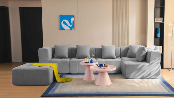 MILYSOFA SOFABULOUS – 5místná modulární rohová pohovka s lehátkem, jemná smyčková látka, barva oblakově šedá