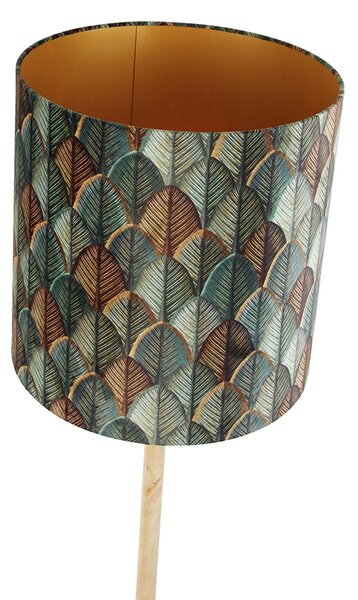 Dřevěná stojací lampa s sametovým stínidlem s designem listů a zlatým vnitřkem - Mels