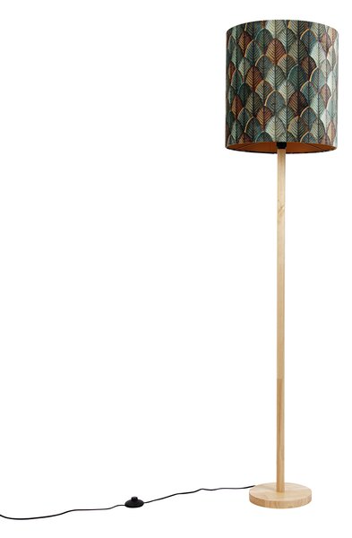 Dřevěná stojací lampa s sametovým stínidlem s designem listů a zlatým vnitřkem - Mels