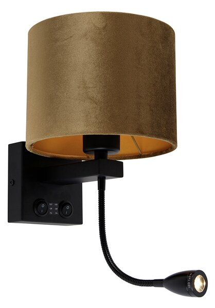Nástěnná lampa černá s bronzovým sametovým stínítkem 18 cm - Brescia