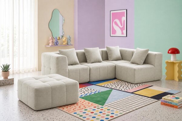 MILYSOFA SOFABULOUS – čtyřmístná modulární rohová pohovka s lehátkem, krémově béžová, jemná bouclé látka
