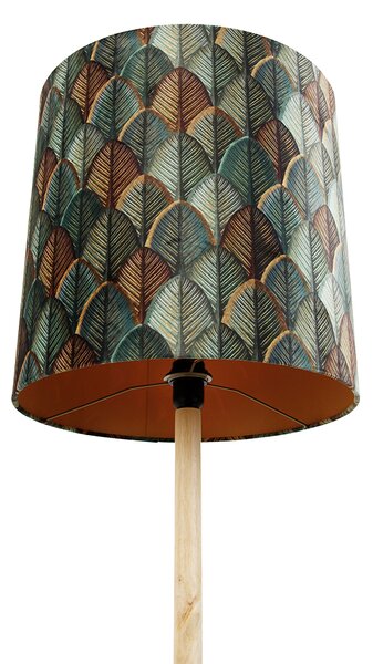 Dřevěná stojací lampa s sametovým stínidlem s designem listů a zlatým vnitřkem - Mels