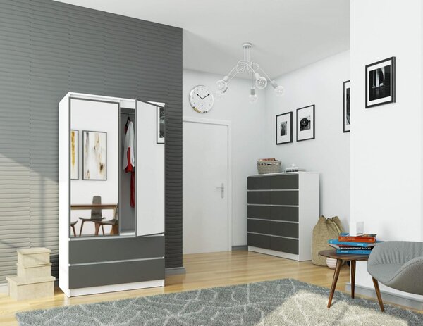 Šatní skříň s otočnými dveřmi a zrcadlem 90cm bílá / šedá