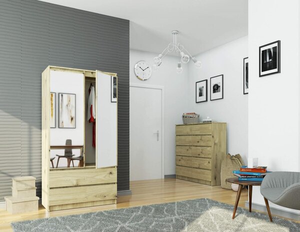 Šatní skříň s otočnými dveřmi a zrcadlem 90cm dub artisan