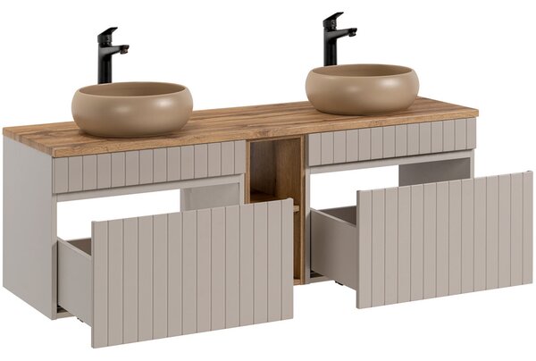 Set koupelnových skříněk pod umyvadlo ICONIC CASHMERE 140cm s regálem, deskou a umyvadly