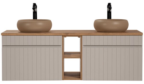 Set koupelnových skříněk pod umyvadlo ICONIC CASHMERE 140cm s regálem, deskou a umyvadly