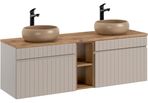 Set koupelnových skříněk pod umyvadlo ICONIC CASHMERE 140cm s regálem, deskou a umyvadly