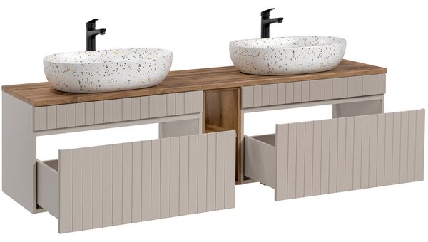 Set koupelnových skříněk pod umyvadlo ICONIC CASHMERE 180cm s regálem, deskou a umyvadly
