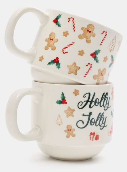 Sinsay - Vánoční keramické hrnky s motivem perníčků a nápisem „Holly Jolly“ 2 ks - vícebarevná