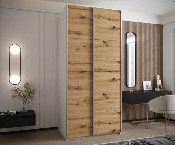 Šatní skříň LUX 1 s posuvnými dveřmi, 100×245,5×64 Bílá / dub Artisan / stříbrné