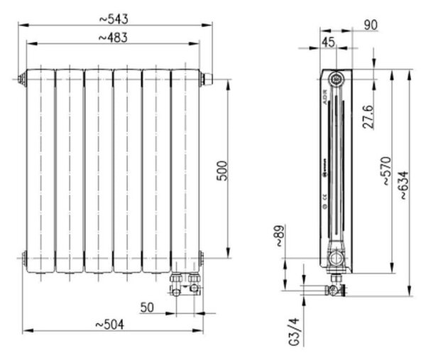 KFA Armatura ADR pokojový radiátor 57x48.3 cm podłączenie spodní bílá 763-061-44